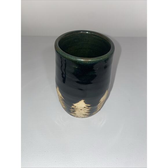 Studio Art Pottery Hand Thrown Glazed Vase/ Pen Holder Black With Trees - Picture 7 of 7